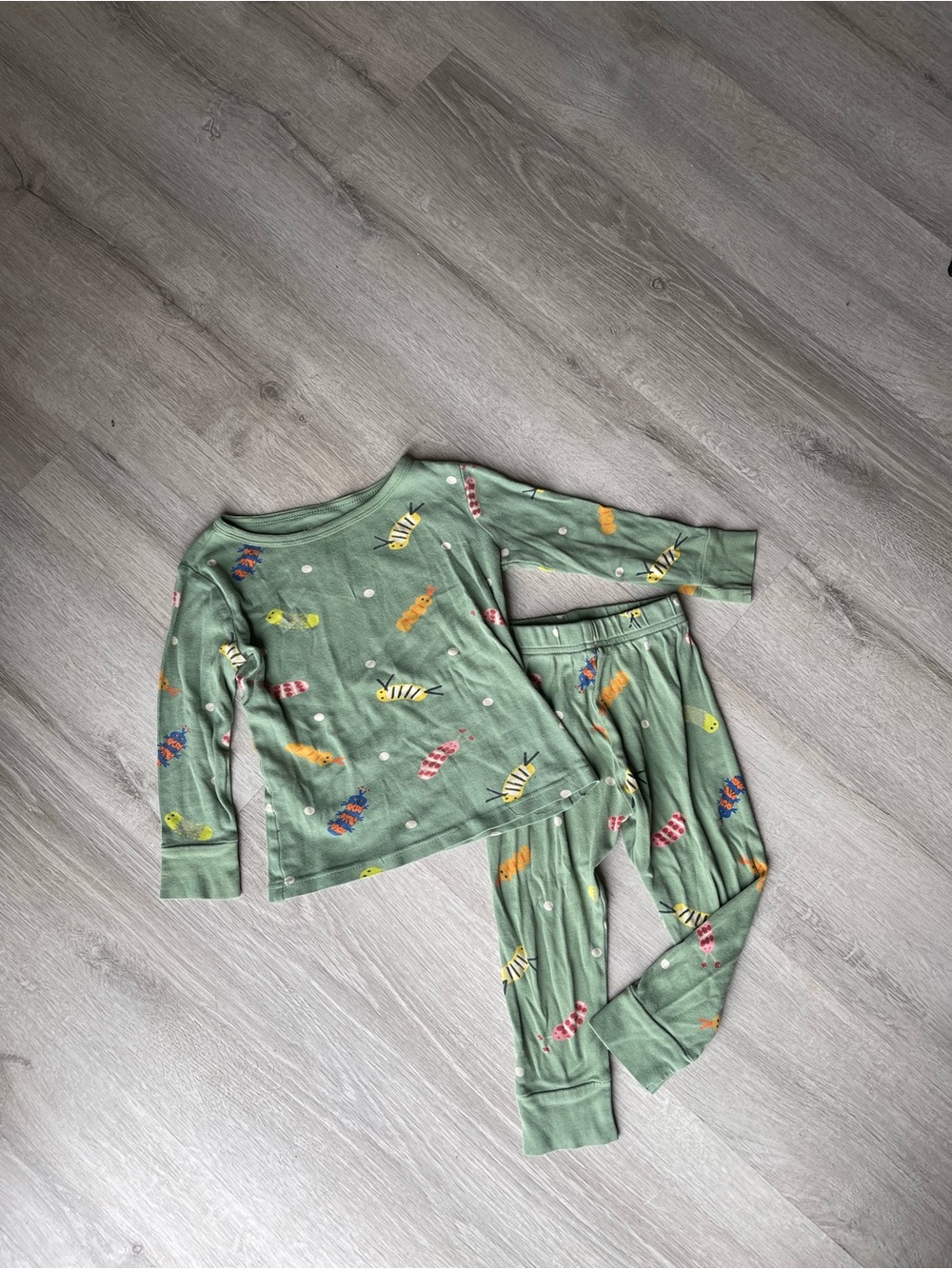 Green Kids Pajama Set with Colorful Caterpillar Prints